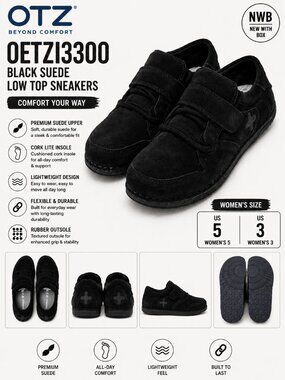 NWB OTZ Shoes Oetzi3300 Black Suede Low Top Sneakers Sizes 3 & 5